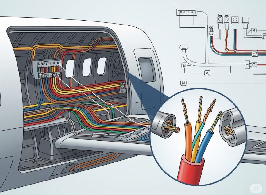Detalle de mazos eléctricos en entorno aeronáutico